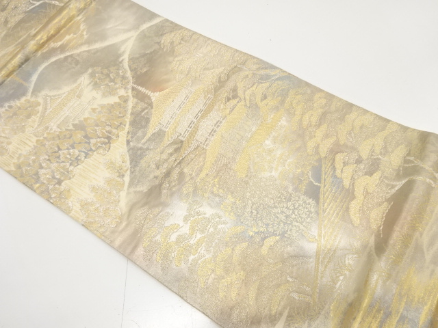 二重引箔　寺院風景模様織り出し　袋帯